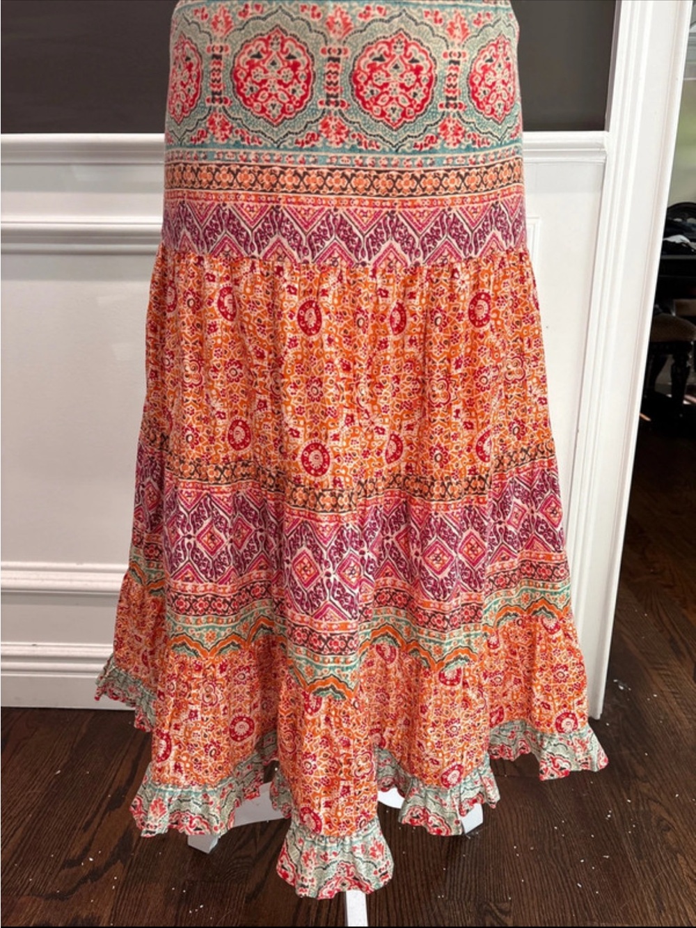 Lauren Ralph Lauren Printed Tiered Maxi Skirt in Coral, Teal & Magenta